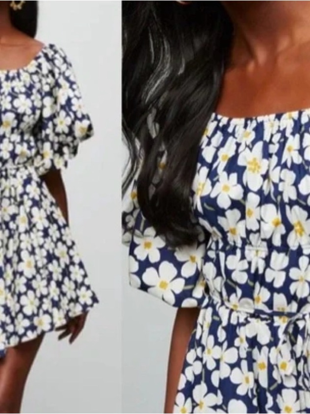 NWT &Merci Blue & White Daisy Floral Puff Sleeve Mini Dress Size Small